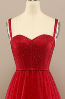 Load image into Gallery viewer, A-Line Tulle Spaghetti Straps Red Long Formal Dress