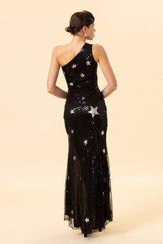 Sparkly Sheath One Shoulder Black Sequins Long Formal Dress with Star