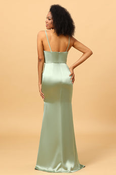 Sage Mermaid Cowl Neckline Long Satin Bridesmaid Dress