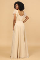 Load image into Gallery viewer, Champagne Cap Sleeves Long Chiffon Bridesmaid Dress