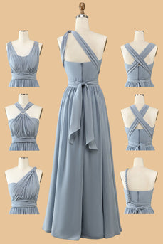 A Line One Shoulder V Neck Halter Neck Floor Length Grey Blue Bridesmaid Dress