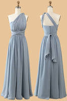 Load image into Gallery viewer, A Line One Shoulder V Neck Halter Neck Floor Length Grey Blue Bridesmaid Dress
