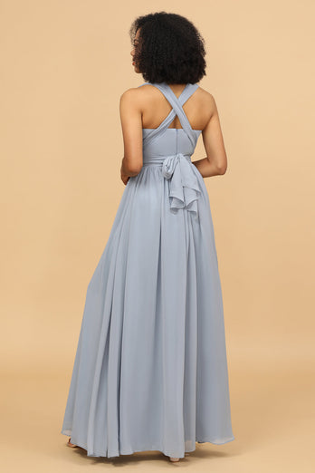 Grey Blue Convertible Long Chiffon Bridesmaid Dress