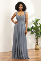 Load image into Gallery viewer, Grey Blue A Line Off the Shoulder Long Chiffon Bridesmaid Dress