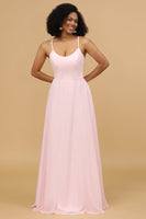 Load image into Gallery viewer, Pink Sheath/Column Spaghetti Straps Long Chiffon Bridesmaid Dress