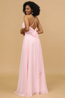 Load image into Gallery viewer, Pink Sheath/Column Spaghetti Straps Long Chiffon Bridesmaid Dress
