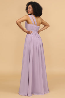 Lilac A Line One Shoulder Long Chiffon Bridesmaids Dress with Ruffles