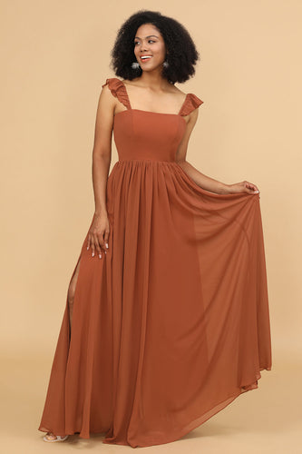 Terracotta A-Line Floor Length Chiffon Bridesmaid Dress With Ruffles