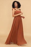 Load image into Gallery viewer, Terracotta A-Line Floor Length Chiffon Bridesmaid Dress With Ruffles