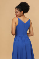 Load image into Gallery viewer, Royal Blue A Line Spaghetti Straps Long Chiffon Bridesmaid Dress with Ruffles