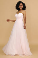 Load image into Gallery viewer, Pink A Line Spaghetti Straps Floor Length Tulle Bridesmaid Dress