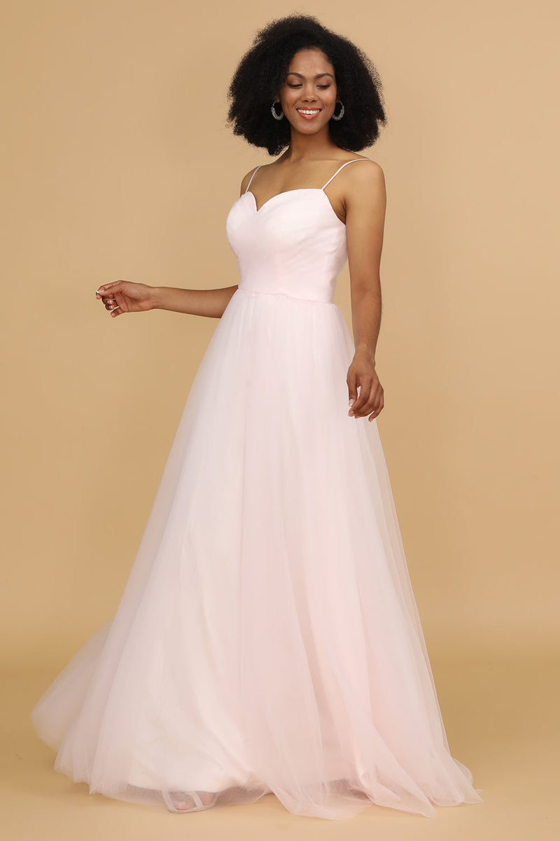 Load image into Gallery viewer, Pink A Line Spaghetti Straps Floor Length Tulle Bridesmaid Dress