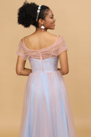 Load image into Gallery viewer, Pink&amp;Blue A Line Spaghetti Straps Tulle Long Bridesmaid Dress