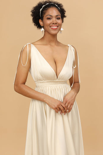 Ivory Deep V-Neck Backless Long Bridesmaid Dress