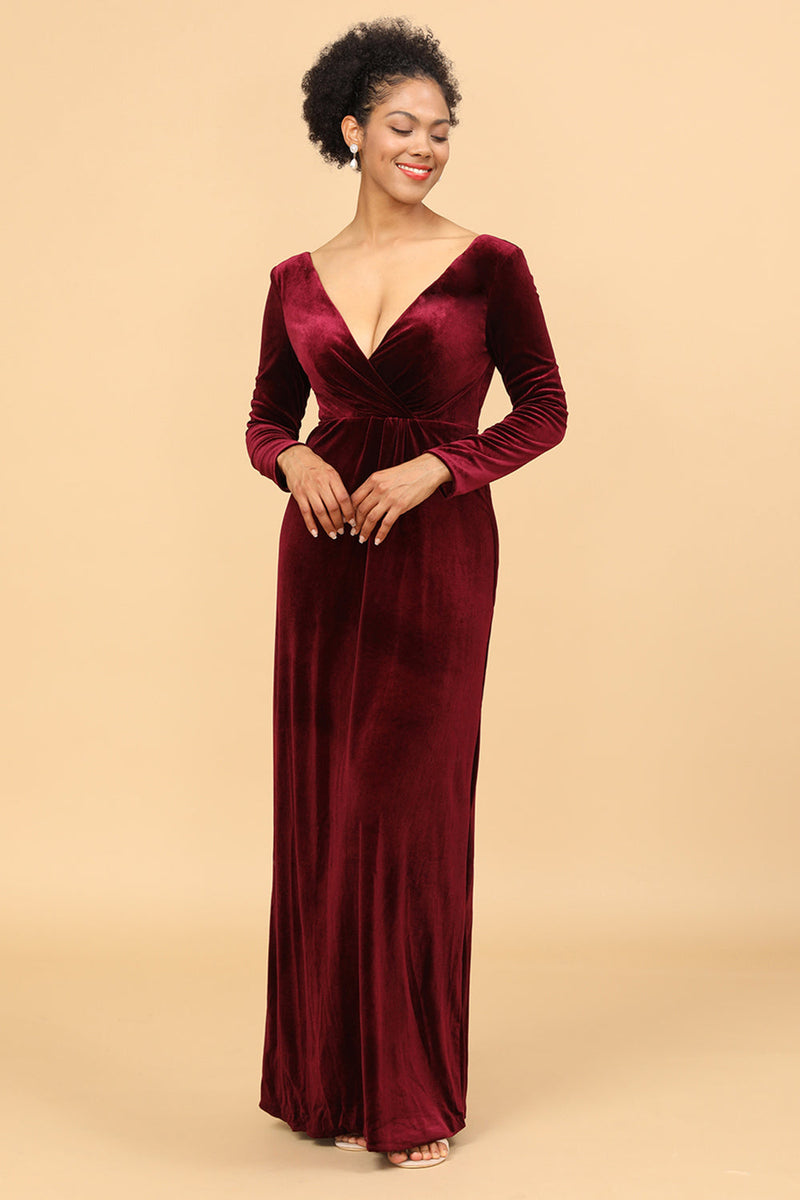 Load image into Gallery viewer, Sheath Burgundy Deep V-Neck Long Sleeves Velvet Bridesmaid Dress