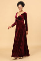 Load image into Gallery viewer, Sheath Burgundy Deep V-Neck Long Sleeves Velvet Bridesmaid Dress