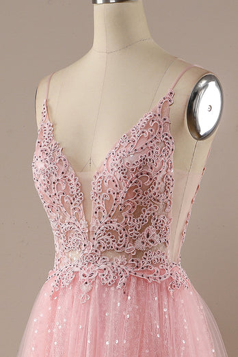 Sparkly Spaghetti Straps Pink Long Formal Dress with Beading