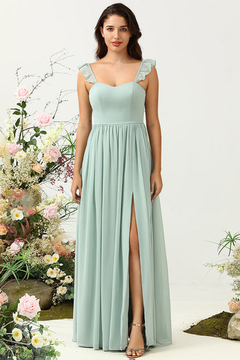 A Line Spaghetti Straps Dusty Sage Long Bridesmaid Dress with Ruffles