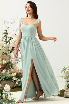 A Line Spaghetti Straps Dusty Sage Long Bridesmaid Dress with Ruffles