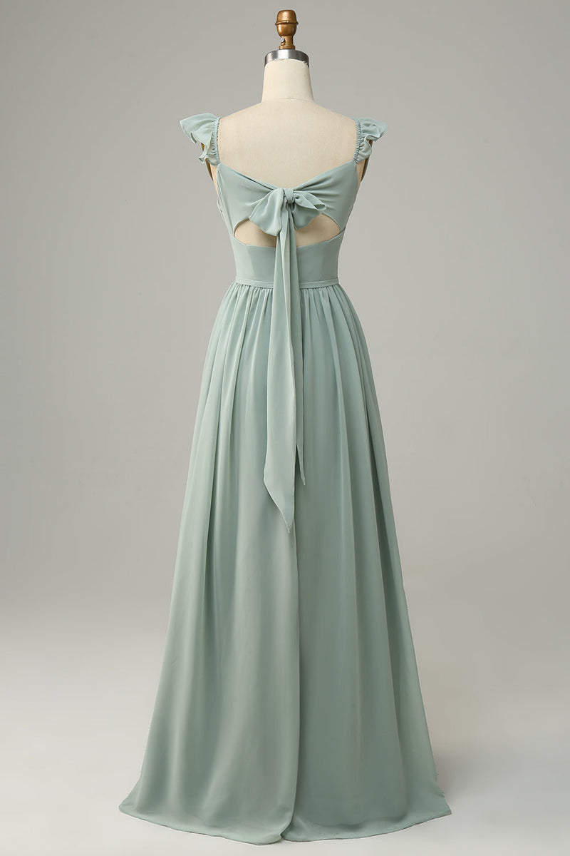 Load image into Gallery viewer, A Line Dusty Sage Ruffles Bridesmaid Dress
