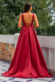 Deep V-Neck Burgundy Satin Long Formal Dress