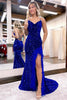 Load image into Gallery viewer, Sparkly Royal Blue Sequins Long Mermaid Formal Dress with Feathers