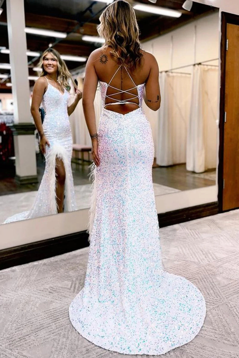 Load image into Gallery viewer, Sparkly Royal Blue Sequins Long Mermaid Formal Dress with Feathers