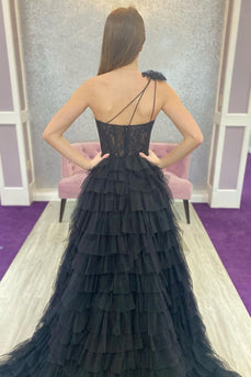 Black One Shoulder Corset Tiered Long Formal Dress with Ruffles