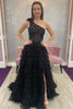 Load image into Gallery viewer, Black One Shoulder Corset Tiered Long Formal Dress with Ruffles