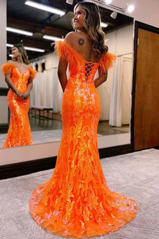 Sparkly Orange Sequins Off the Shoulder Mermaid Long Formal Dress with Feathers