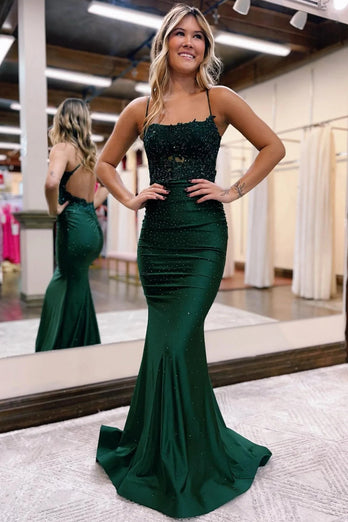 Sparkly Dark Green Beaded Long Formal Dress with Appliques
