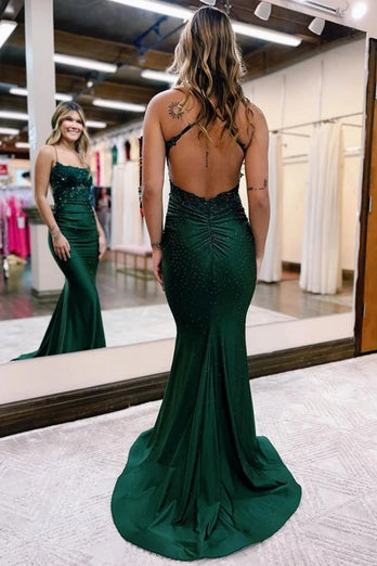 Sparkly Dark Green Beaded Long Formal Dress with Appliques