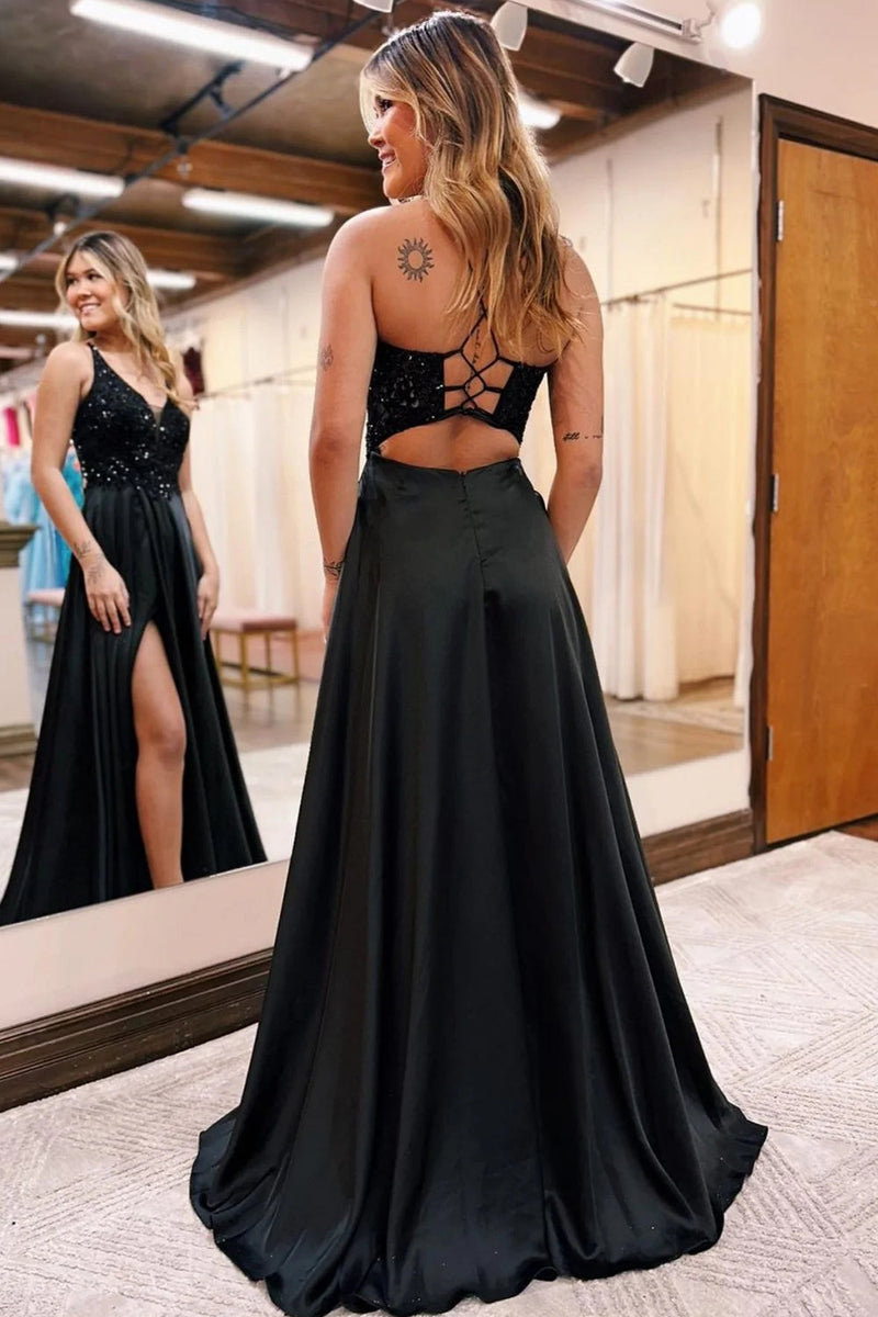 Load image into Gallery viewer, Sparkly Black A-Line Long Formal Dress with Pockets