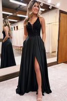 Load image into Gallery viewer, Sparkly Black A-Line Long Formal Dress with Pockets
