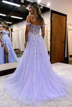 Sparkly Lilac Sequins Corset A-Line Long Formal Dress with Slit