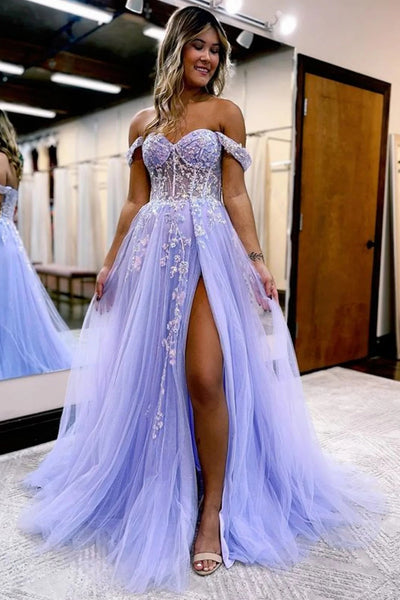 Sparkly Lilac Sequins Corset A-Line Long Formal Dress with Slit