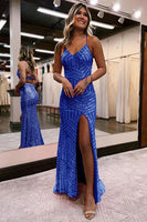 Load image into Gallery viewer, Sparkly Orange Open Back Sequins Long Formal Dress with Slit