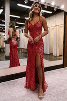 Load image into Gallery viewer, Sparkly Orange Open Back Sequins Long Formal Dress with Slit