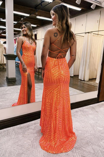 Sparkly Orange Open Back Sequins Long Formal Dress with Slit