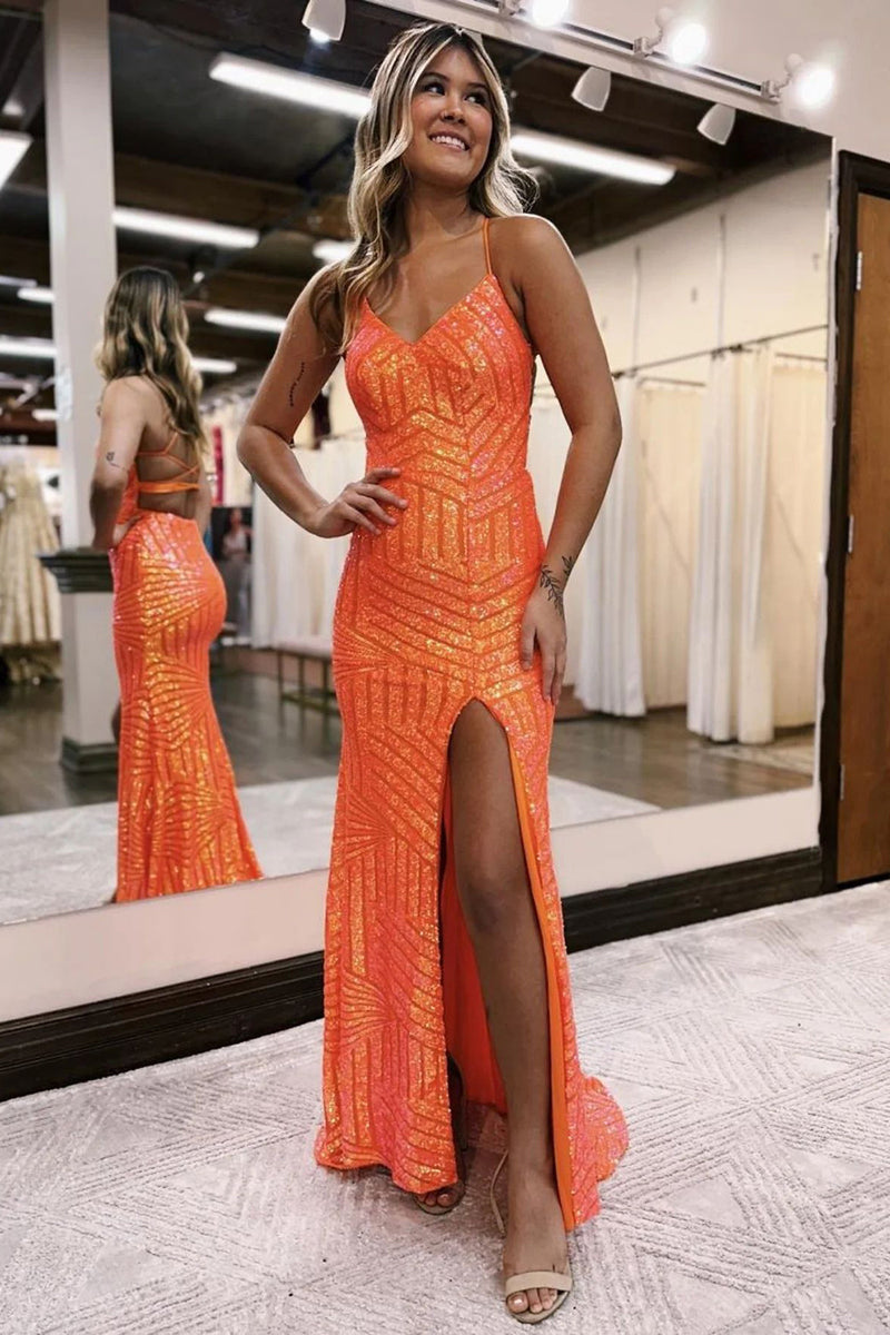 Load image into Gallery viewer, Sparkly Orange Open Back Sequins Long Formal Dress with Slit