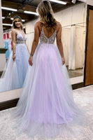 Load image into Gallery viewer, Lilac Beaded A-Line Tulle Formal Dress with Flowers