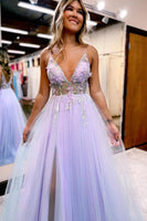 Load image into Gallery viewer, Lilac Beaded A-Line Tulle Formal Dress with Flowers