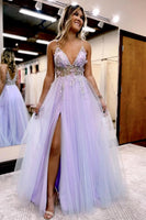 Load image into Gallery viewer, Lilac Beaded A-Line Tulle Formal Dress with Flowers