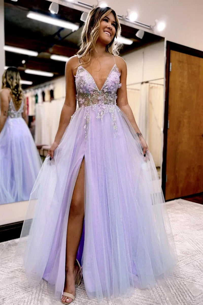 Load image into Gallery viewer, Lilac Beaded A-Line Tulle Formal Dress with Flowers