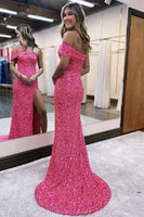 Load image into Gallery viewer, Sparkly Hot Pink One Shoulder Sequins Long Formal Dress