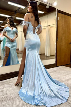 Sparkly Light Blue Sequins Mermaid Long Formal Dress with Feathers