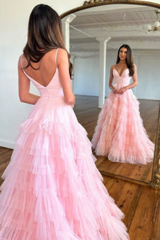 Light Pink Tulle Tiered A-Line Long Formal Dress