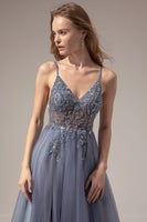Load image into Gallery viewer, Tulle Spaghetti Straps Grey Blue Long Formal Dress with Slit