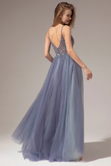 Tulle Spaghetti Straps Grey Blue Long Formal Dress with Slit