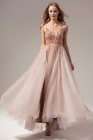 Load image into Gallery viewer, Tulle Spaghetti Straps Grey Blue Long Formal Dress with Slit